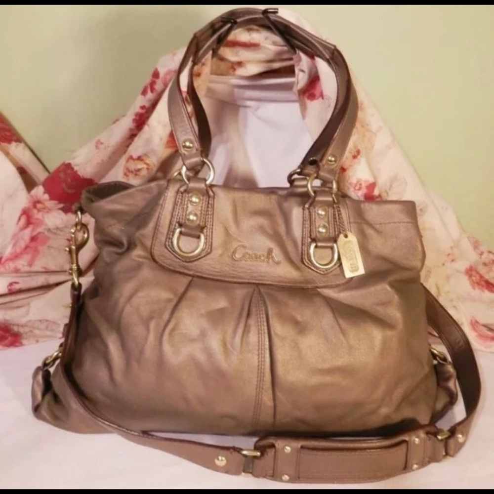 COACH Ashley Metallic Leather Satchel Gold Platinum Bag NEW - Picture 1 of 8